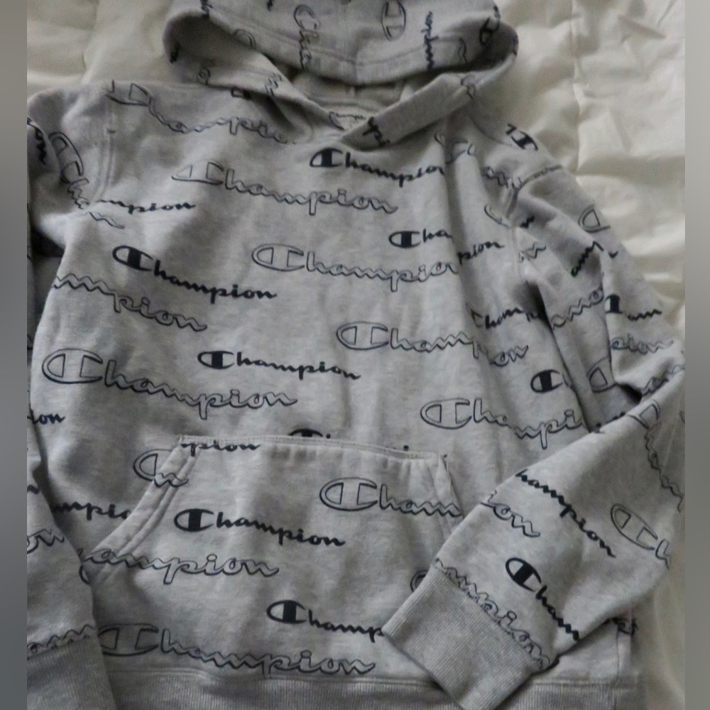Boy’s Champion Gray Hoodie Sweatshirt Logo Print Youth Size L